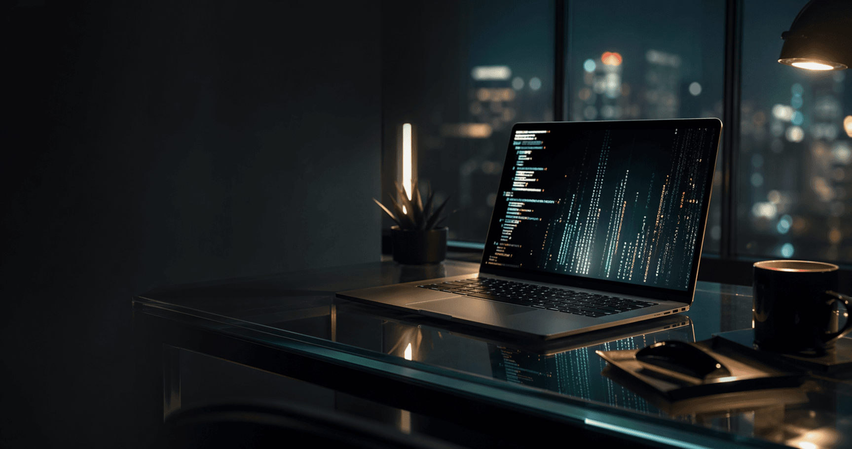Dark technical workspace with a laptop and city lights